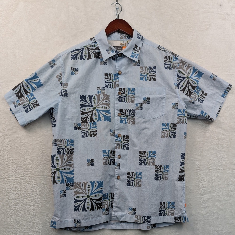 VTG Quiksilver Button Down Shirt Mens L Blue Floral Geometric AOP Surf Beach Y2K
